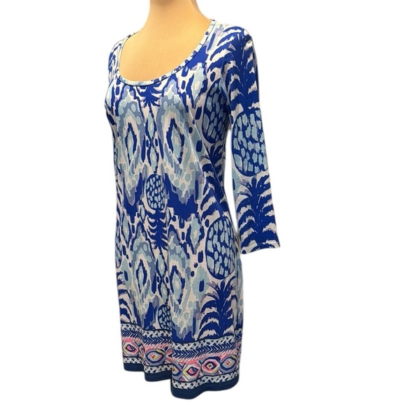 Lilly Pulitzer Beacon Tropical Blue White Pink 3/4 sleeve Sheath Dress Medium - Picture 1 of 11